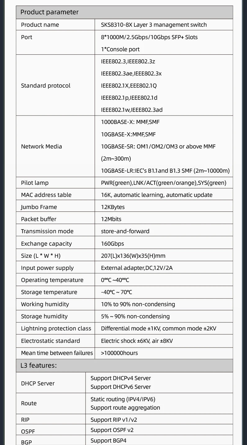 XikeStor 8 Ports 10G SFP+ L3 Managed Support DHCP/VLAN/Port Aggregation/Link Aggregation WEB/CLI Fan Heat Dissipation One-click