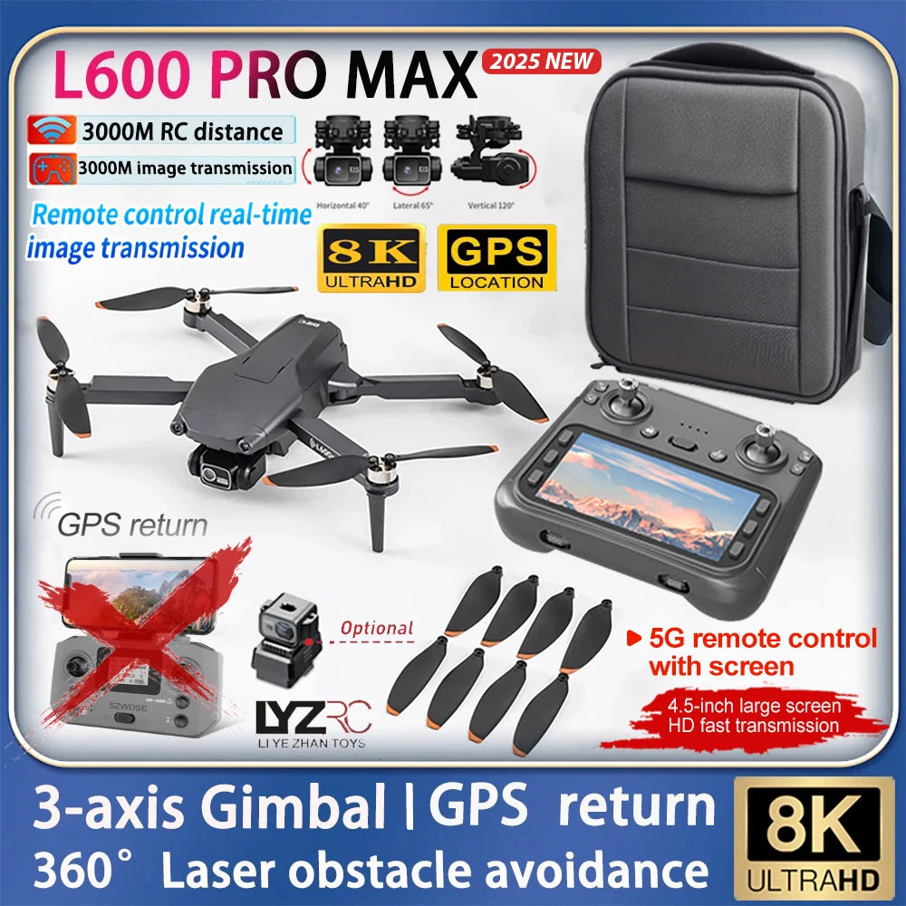 2025 L600 PRO MAX GPS Drone 5G Professional 8K HD 3-axis Gimbal Aerial Dual Camera Screen Control Obstacle Avoidance FPV RC Dron