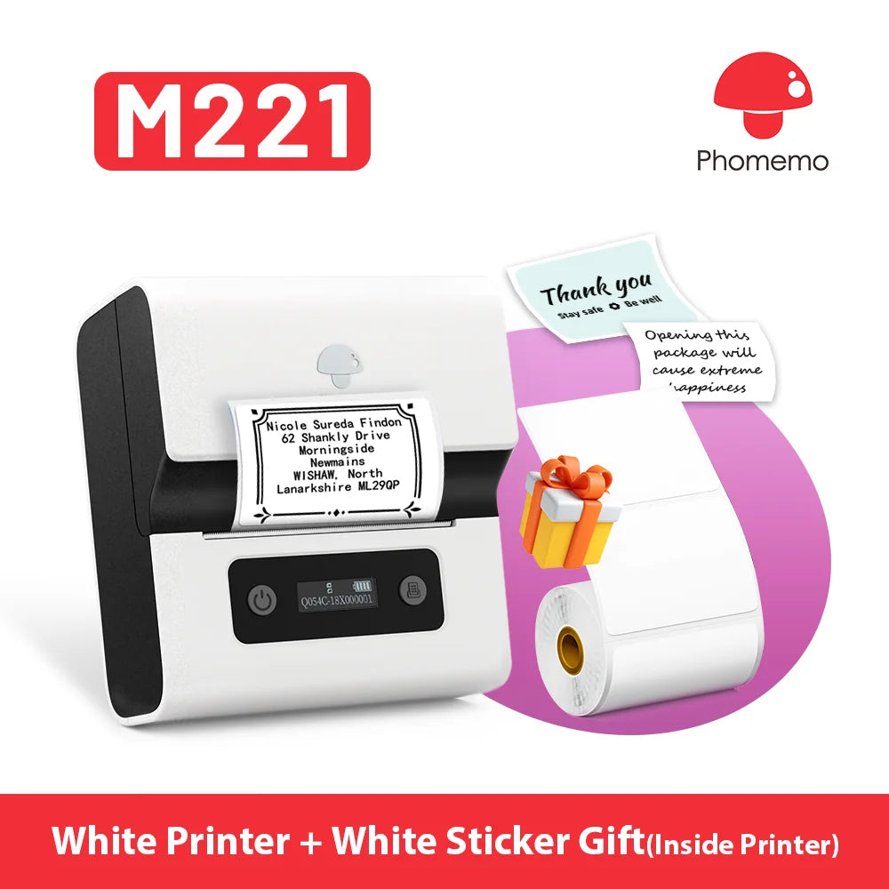 Phomemo M221 Label Printer Portable Thermal Maker Bluetooth Handheld Barcode QR Code Sticker Paper Rolls Labeller White 75mm Tag