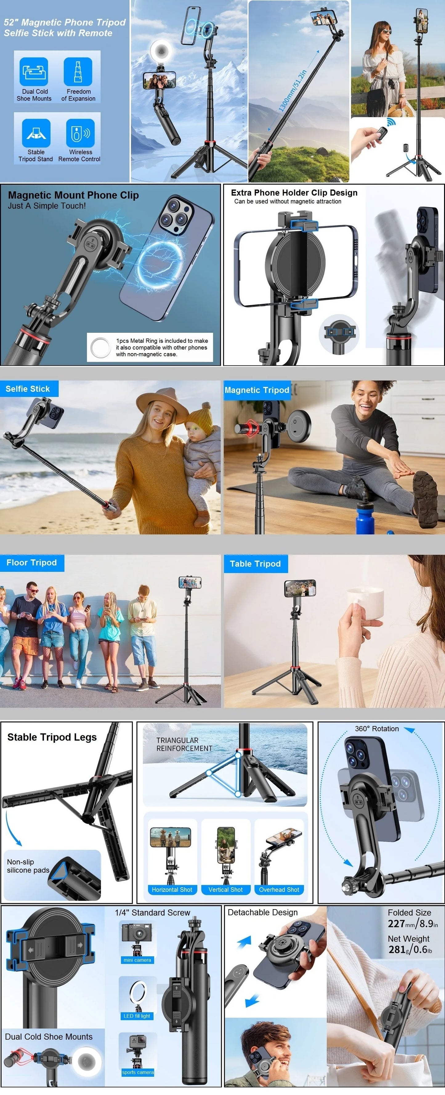Magnetic Selfie Stick Tripod Stand for iPhone Samsung Huawei Cellphone 1.3m Extendable Magsafe Phone Tripod with Wireless Remote