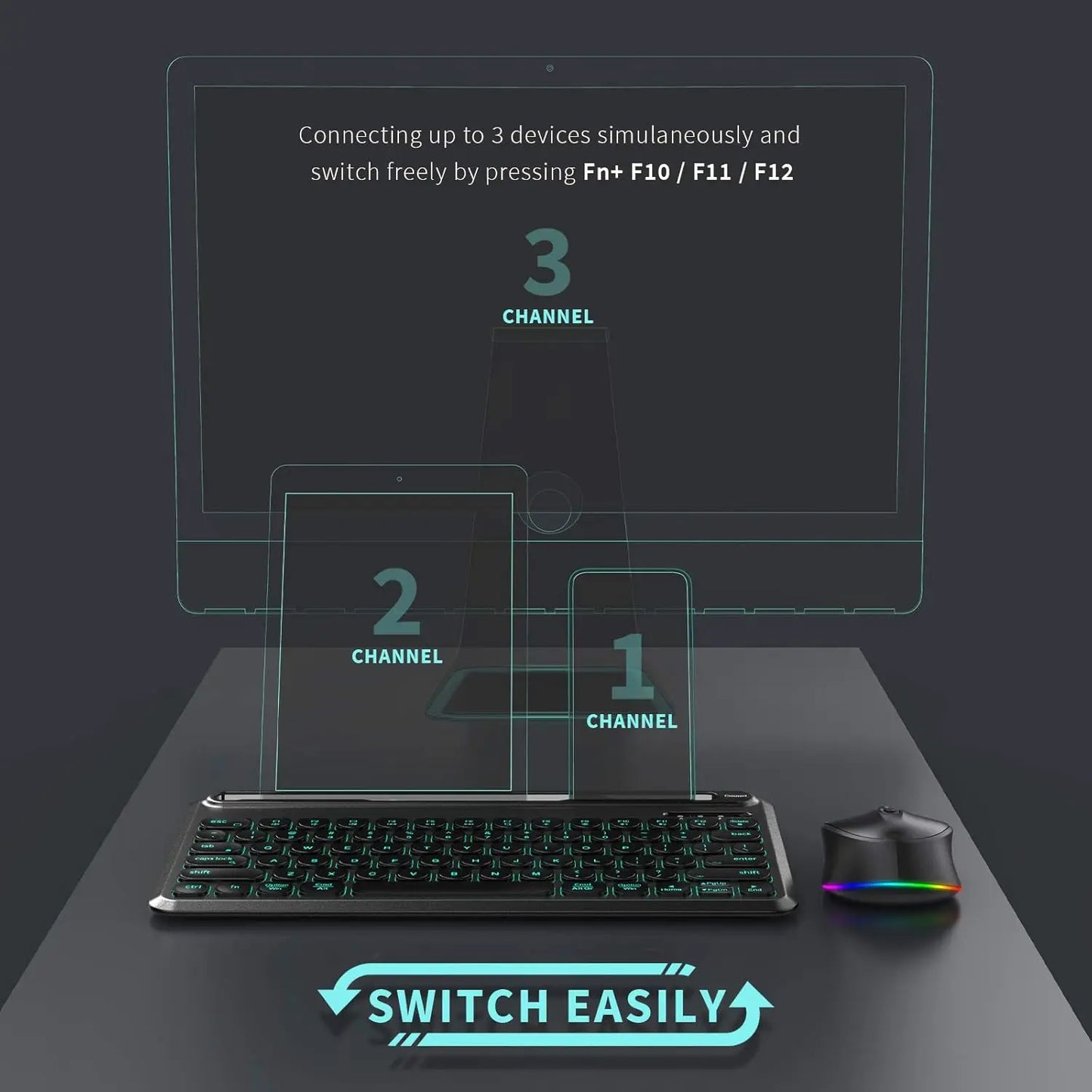 RGB Blacklit Bluetooth Wireless Keyboard and Mouse Combo for Mac OS iPad iPad Air iPad Pro Tablet Android Mobile Phone Laptop PC