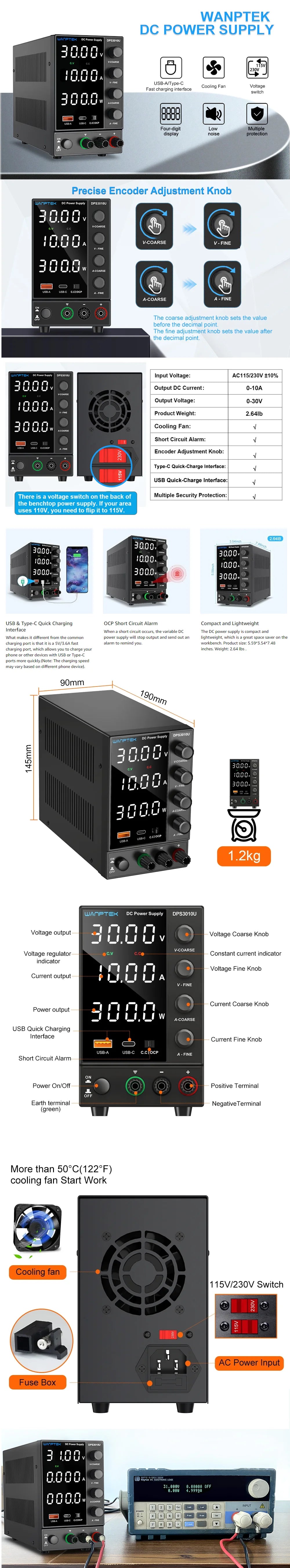 Wanptek DC Power Supply 30V 10A 5A Variable Bench Power Supply Adjustable Lab Power Supply 60V 5A 120V 3A  Voltage Regulator