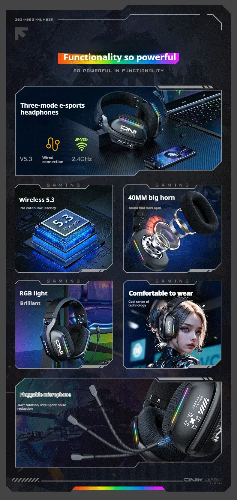 ONIKUMA Wireless Gaming Headset: 2.4G/Wired/Bluetooth 3 Modes, Bendable HD Mic, Soft Ear Pads, Immersive Sound for PC/PS4/5