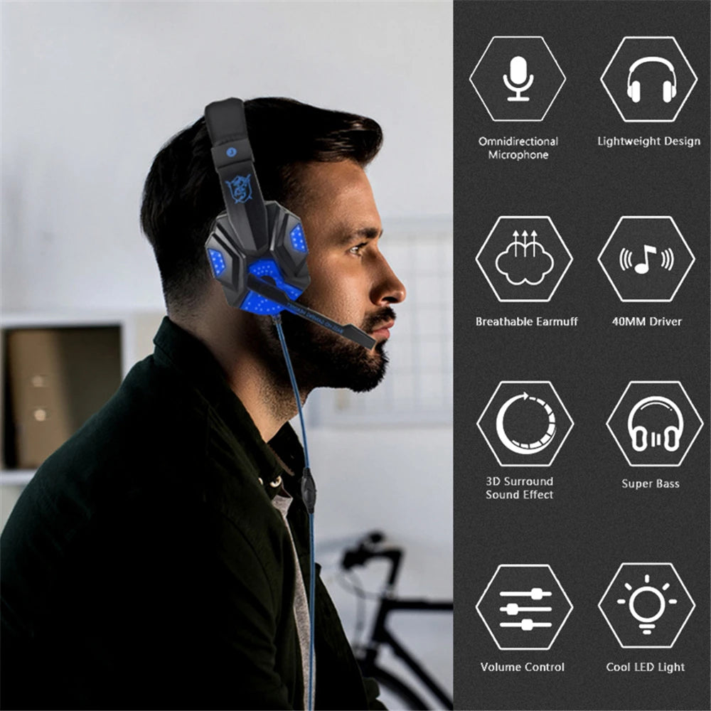 New Gaming Headphones Headset With LED Light Deep Bass Stereo Wired Gamer Earphone Mic for PS4 Xbox PC Laptop Phone One Switch