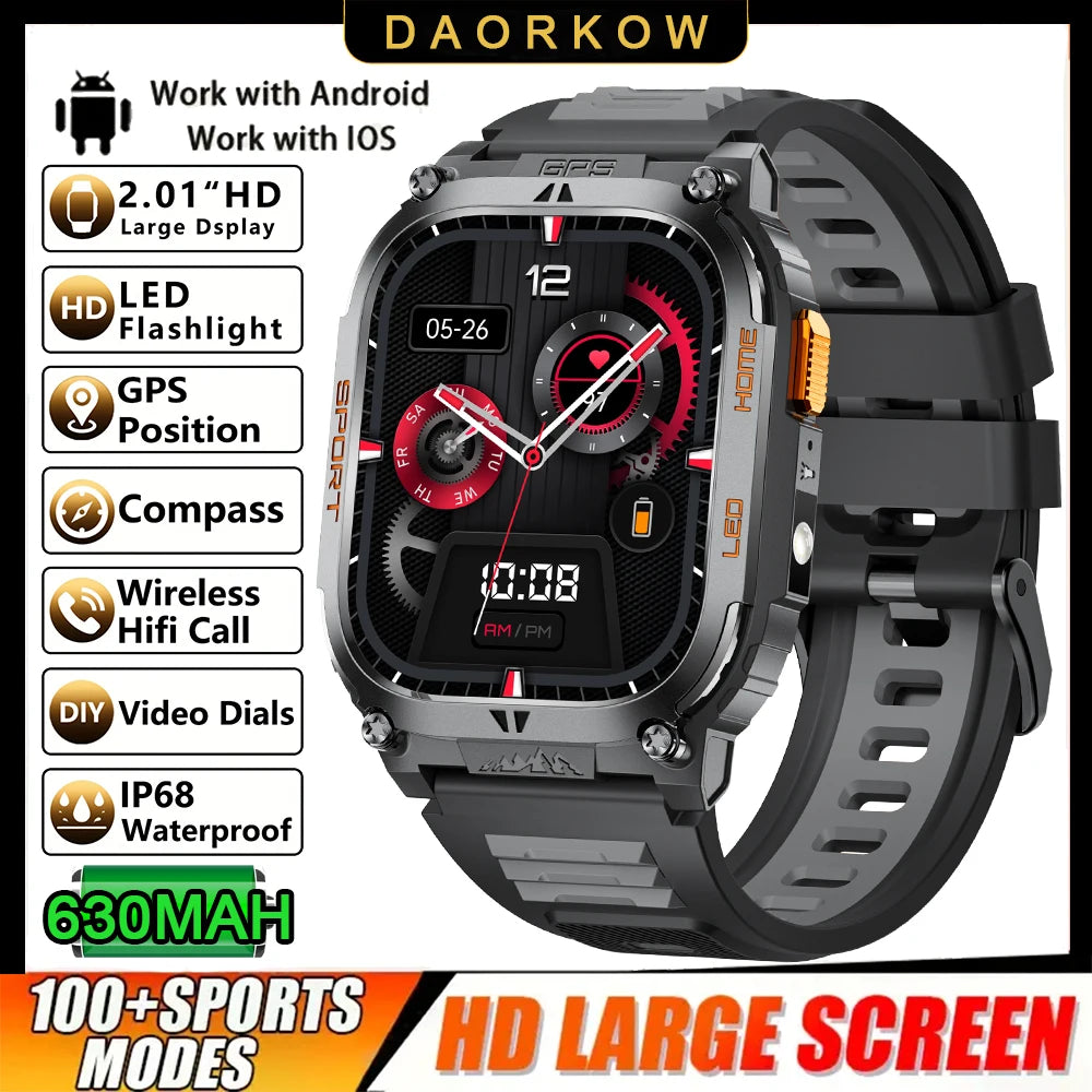 New GPS Tracking Smart Watch LED Flashlight 2.01inch HD Screen Compass BT Call Waterproof Sport Smartwatch For Android iOS