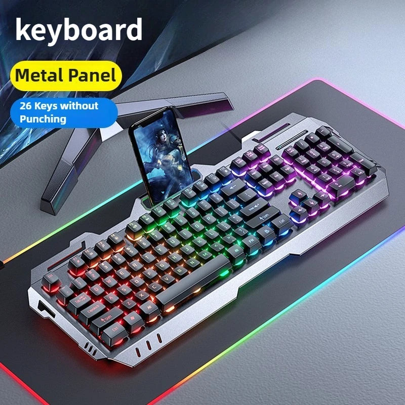 Gaming Wired Mechanical Keyboard Mouse Set Rainbow Glow Backlight 104 Keys Metal Panel Mechanical Keyboard for Laptop Desktop