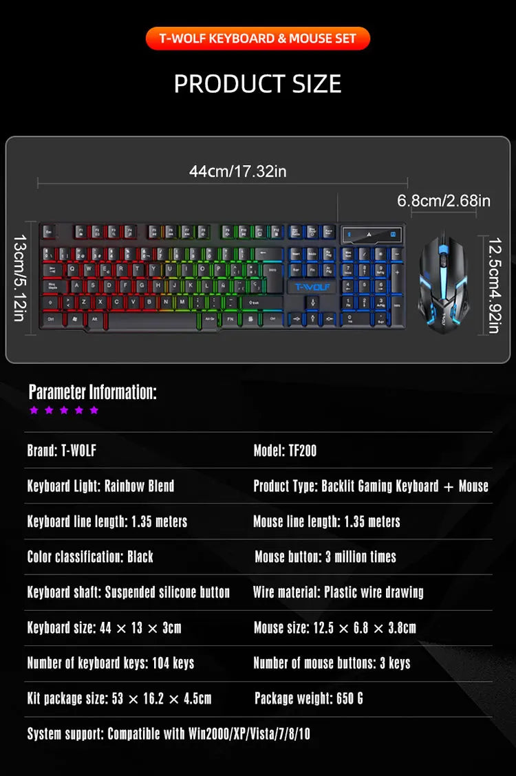 T20 Wired Keyboard Mouse Set 104 Keys RGB Blacklight Multi-function Shortcut USB Wired Gaming Keyboard English Russian Spanish