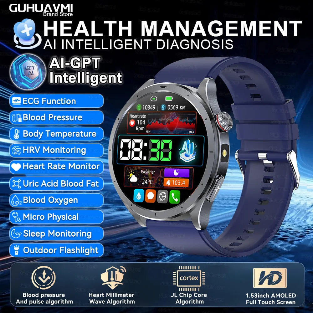 2025 New Body Fat Analysis Health Smart Watch ECG+PPG Uric Acid Blood Pressure Blood Oxygen Clock Call Smart Watch For Men Women