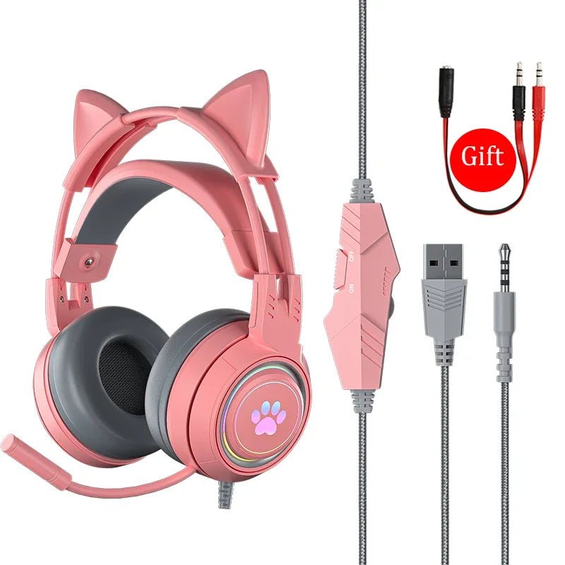 Cat Ears Headphones with Microphone For PS5 HiFi Stereo Bass Headset Gamer Girls RGB Black Pink Helmet for PC Laptop Phone Xbox