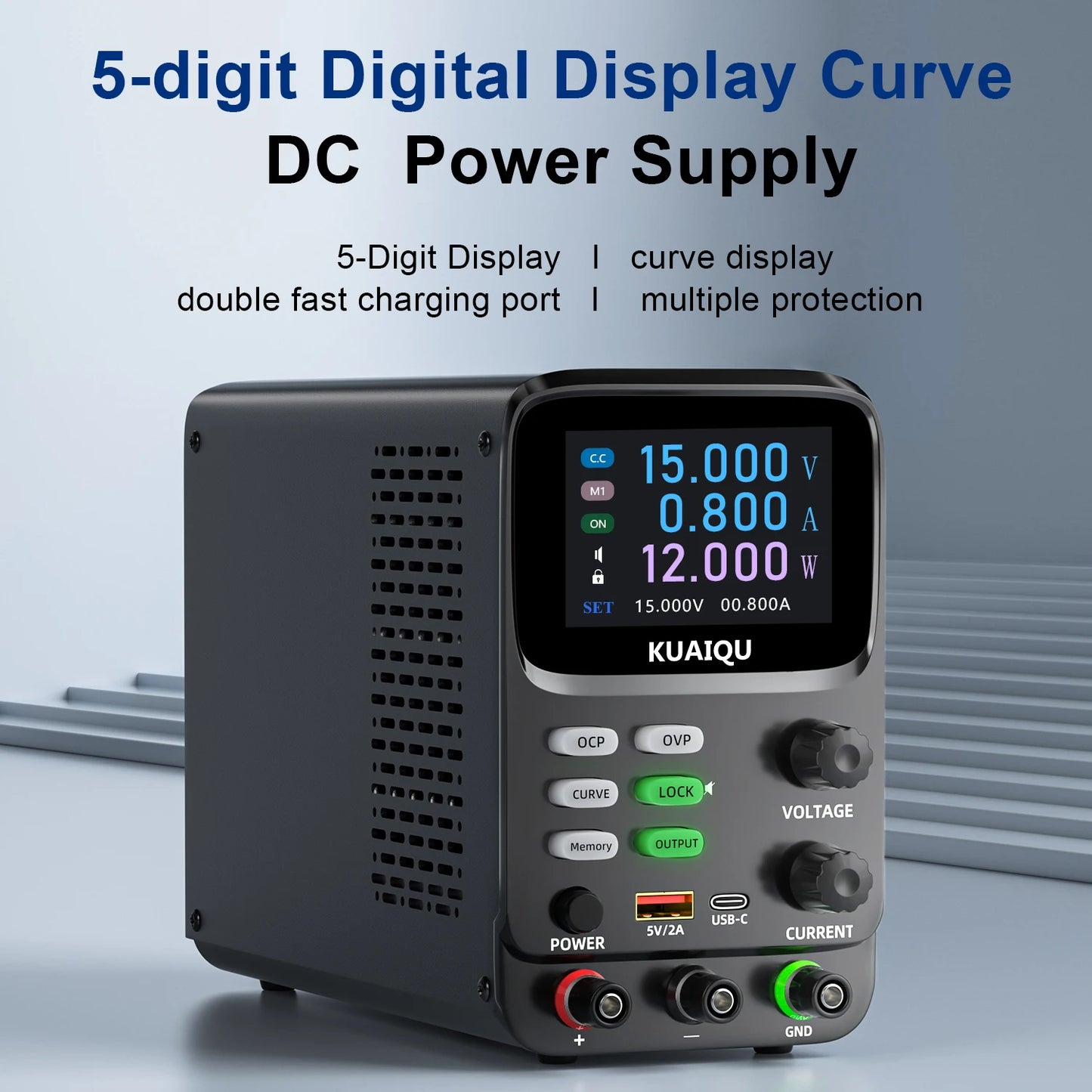 KUAIQU 5 Digits Programmable Adjustable Power Supply 30V 10A,Battery Simulation Tester,Real time Curve Display Voltage Current
