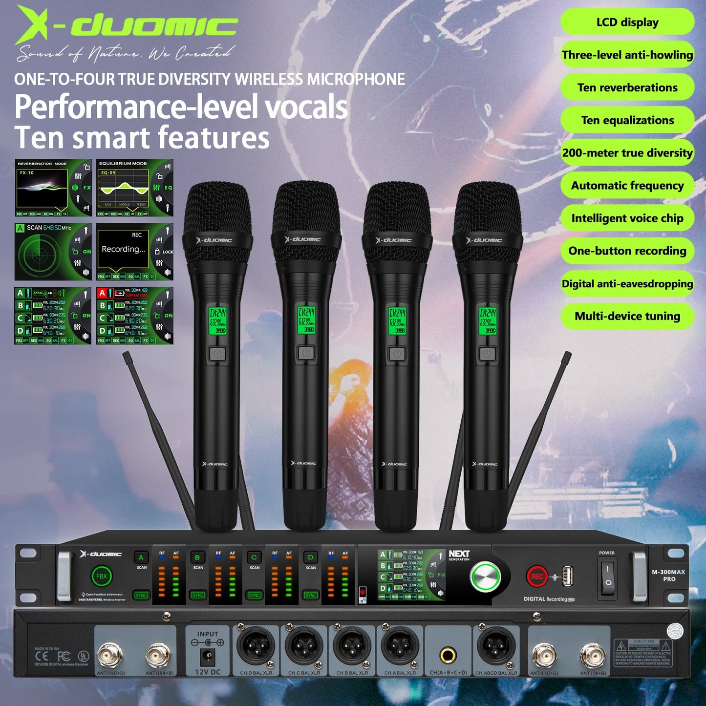 X-DUOMIC M300PRO true diversity one to four wireless microphone professional stage performance balanced reverb anti-howling