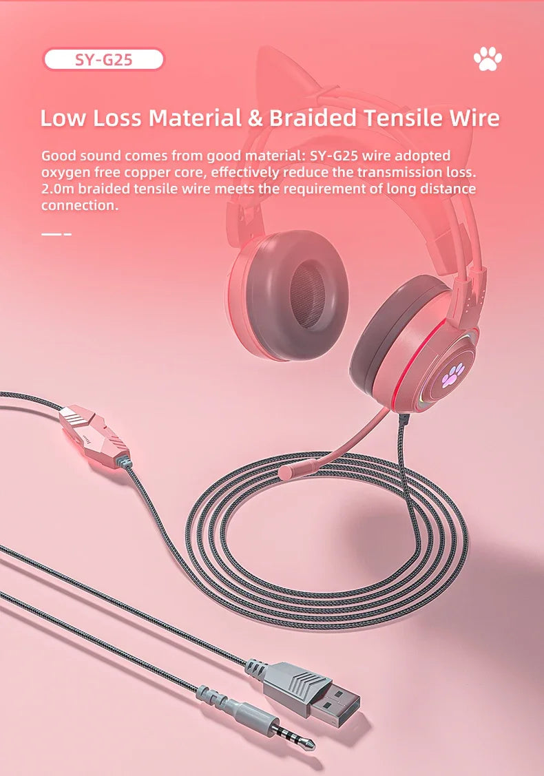 Cat Ears Headphones with Microphone For PS5 HiFi Stereo Bass Headset Gamer Girls RGB Black Pink Helmet for PC Laptop Phone Xbox