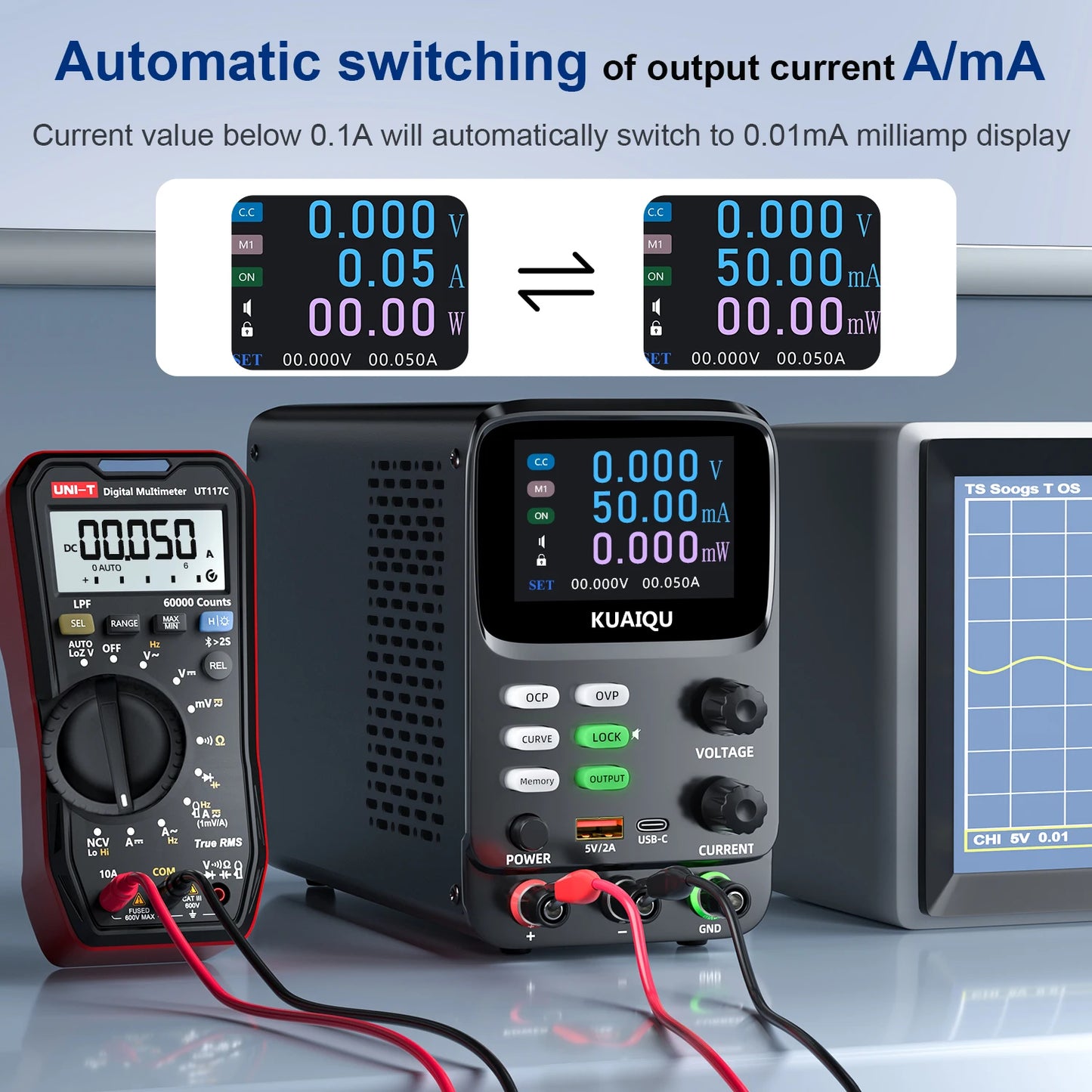 KUAIQU 5 Digits Programmable Adjustable Power Supply 30V 10A,Battery Simulation Tester,Real time Curve Display Voltage Current