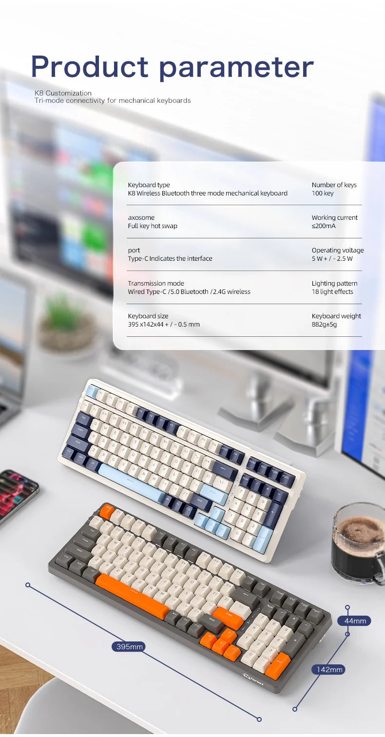 K8 100 Key Wireless Mechanical Keyboard Tri-mode Connection,Full Key Hot Swap,lighting Effects,Gasket Muffler Structure, Laptops
