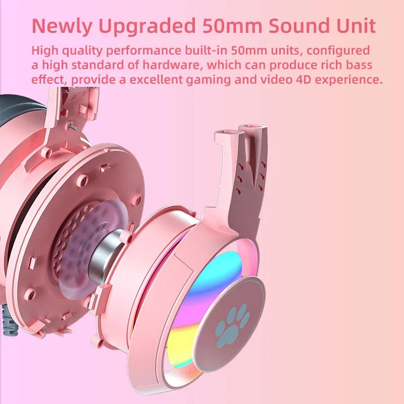 Cat Ears Headphones with Microphone For PS5 HiFi Stereo Bass Headset Gamer Girls RGB Black Pink Helmet for PC Laptop Phone Xbox