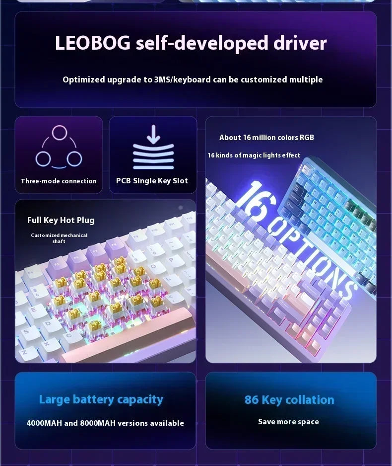 LEOBOG Hi86 Mechanical Keyboard Three-mode Aluminum Alloy Hot-Swap RGB Light Gasket Game Keyboard Customized Esports Accessories