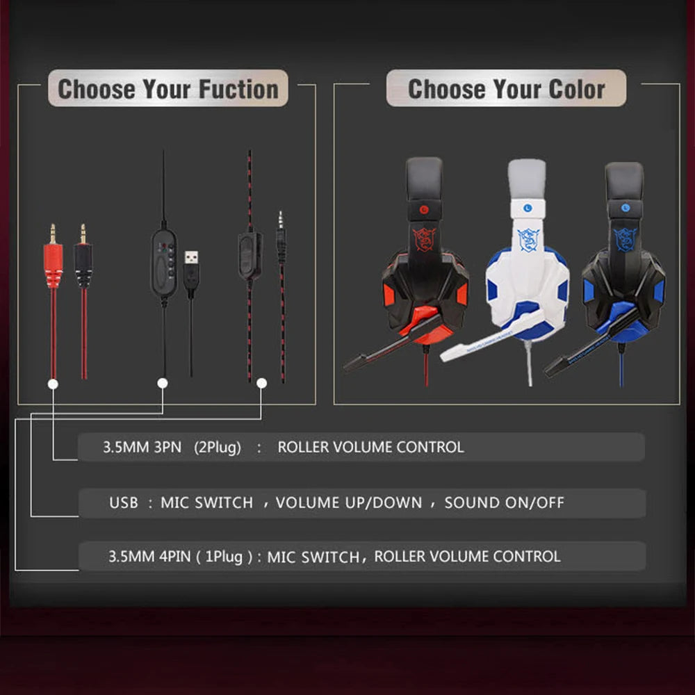 New Gaming Headphones Headset With LED Light Deep Bass Stereo Wired Gamer Earphone Mic for PS4 Xbox PC Laptop Phone One Switch