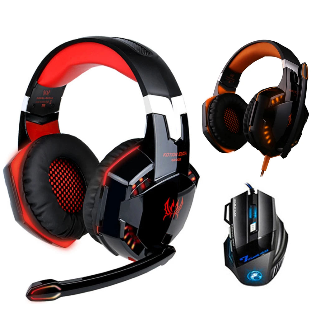Combination G2000 Gaming Headphones with Microphone Stereo Led Headset + Gaming Mouse for PC Gamer PS4 Notebook Laptop Xbox One