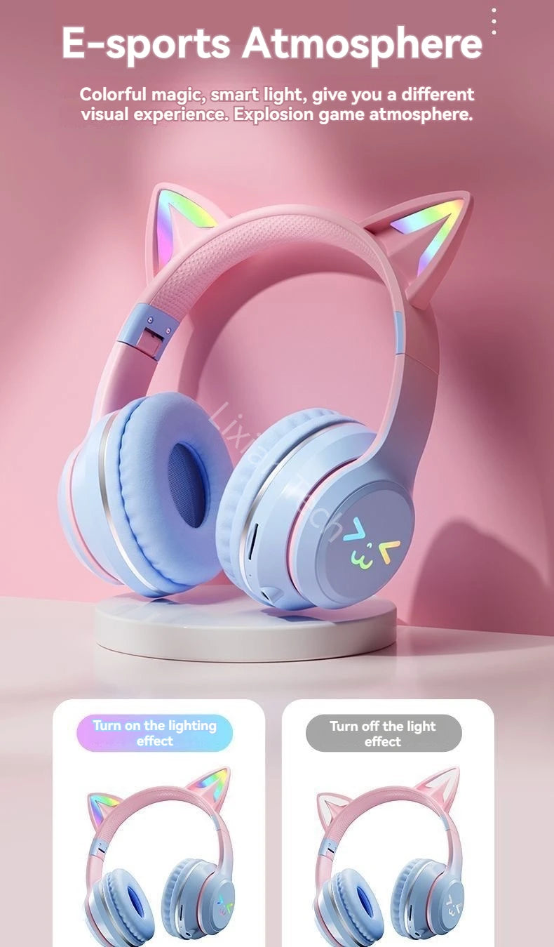wireless Headphones RGB cute cat ear Bluetooth Earphones with microphone Stereo Music Game Earphone Girls Kids Gifts For XiaoMi