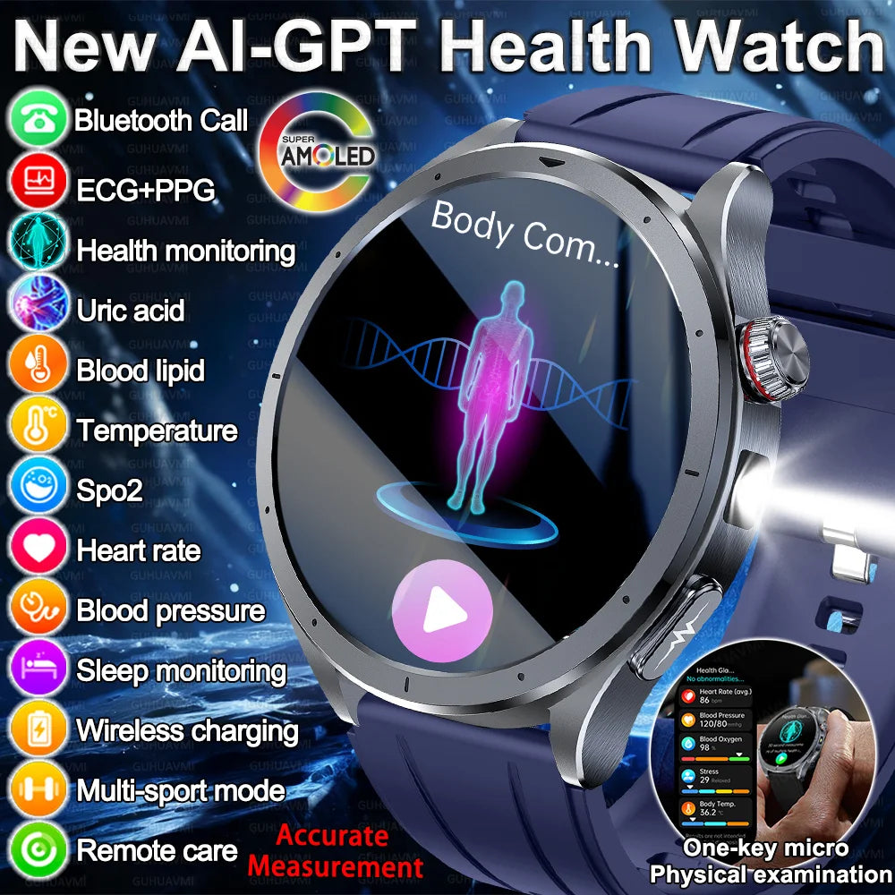 2025 New Body Fat Analysis Health Smart Watch ECG+PPG Uric Acid Blood Pressure Blood Oxygen Clock Call Smart Watch For Men Women