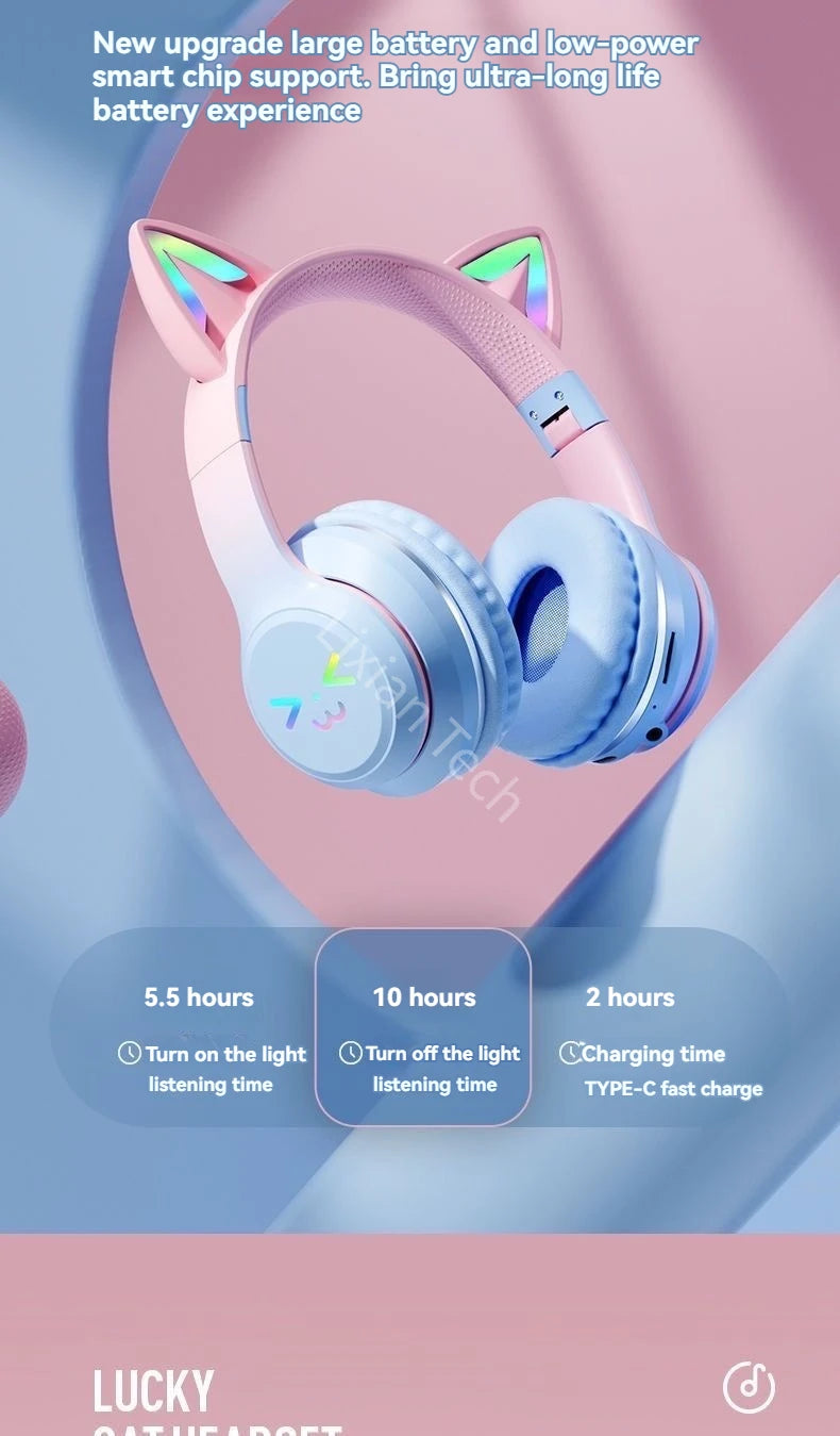 wireless Headphones RGB cute cat ear Bluetooth Earphones with microphone Stereo Music Game Earphone Girls Kids Gifts For XiaoMi