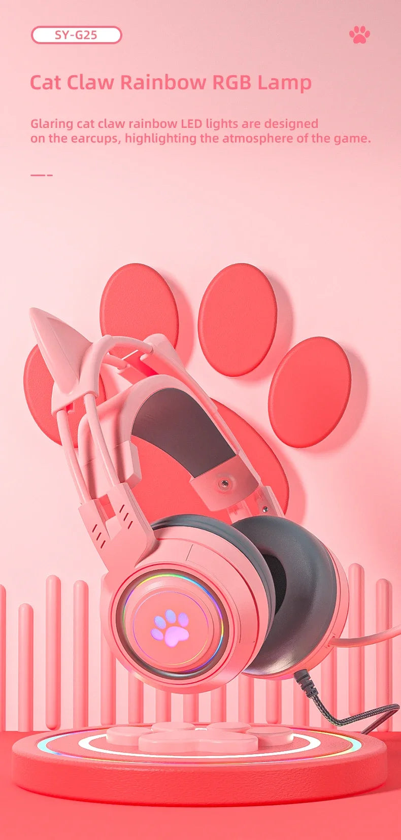 Cat Ears Headphones with Microphone For PS5 HiFi Stereo Bass Headset Gamer Girls RGB Black Pink Helmet for PC Laptop Phone Xbox