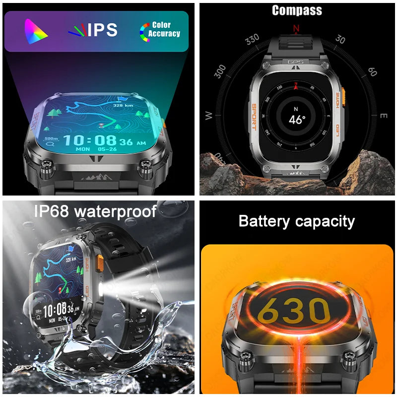 New GPS Tracking Smart Watch LED Flashlight 2.01inch HD Screen Compass BT Call Waterproof Sport Smartwatch For Android iOS