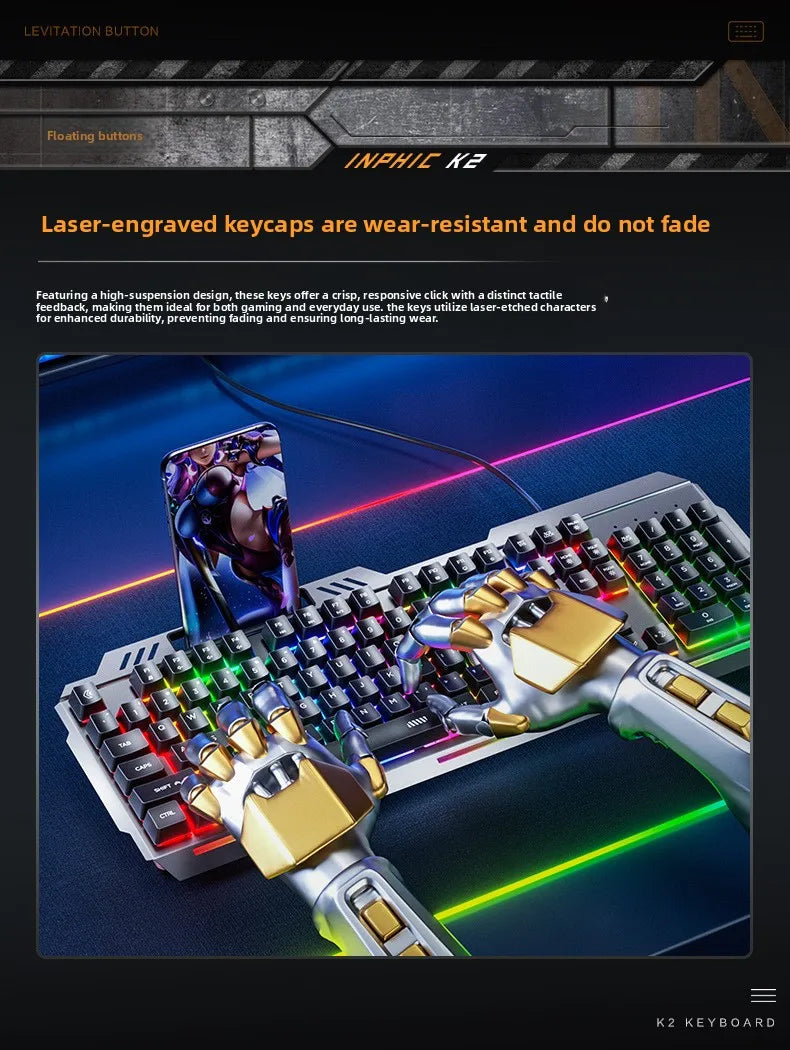 K2 Wired Keyboard Mouse Set Metal Panel RGB Backlight Waterproof Ergonomic Multimedia Buttons 104 Keys Keyboard for Game Office