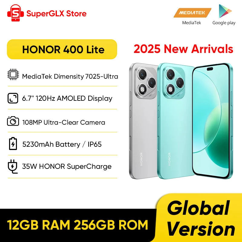HONOR 400 Lite Global Version 5G Smartphone Dimensity 7025-Ultra 6.7" 120Hz AMOLED Screen 108MP Camera 5230mAh 35W SuperCharge