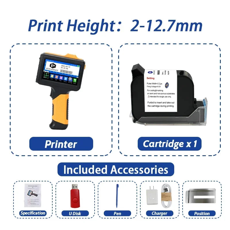 EURANNIT E19 12.7mm Portable Printer Handheld Thermal Inkjet Printer Portable Expire Date Counter QR Barcode Logo Coding Machine