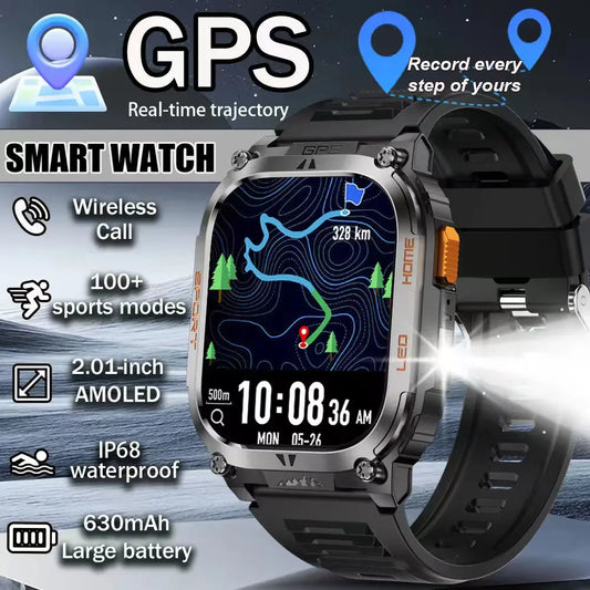 New GPS Tracking Smart Watch LED Flashlight 2.01inch HD Screen Compass BT Call Waterproof Sport Smartwatch For Android iOS