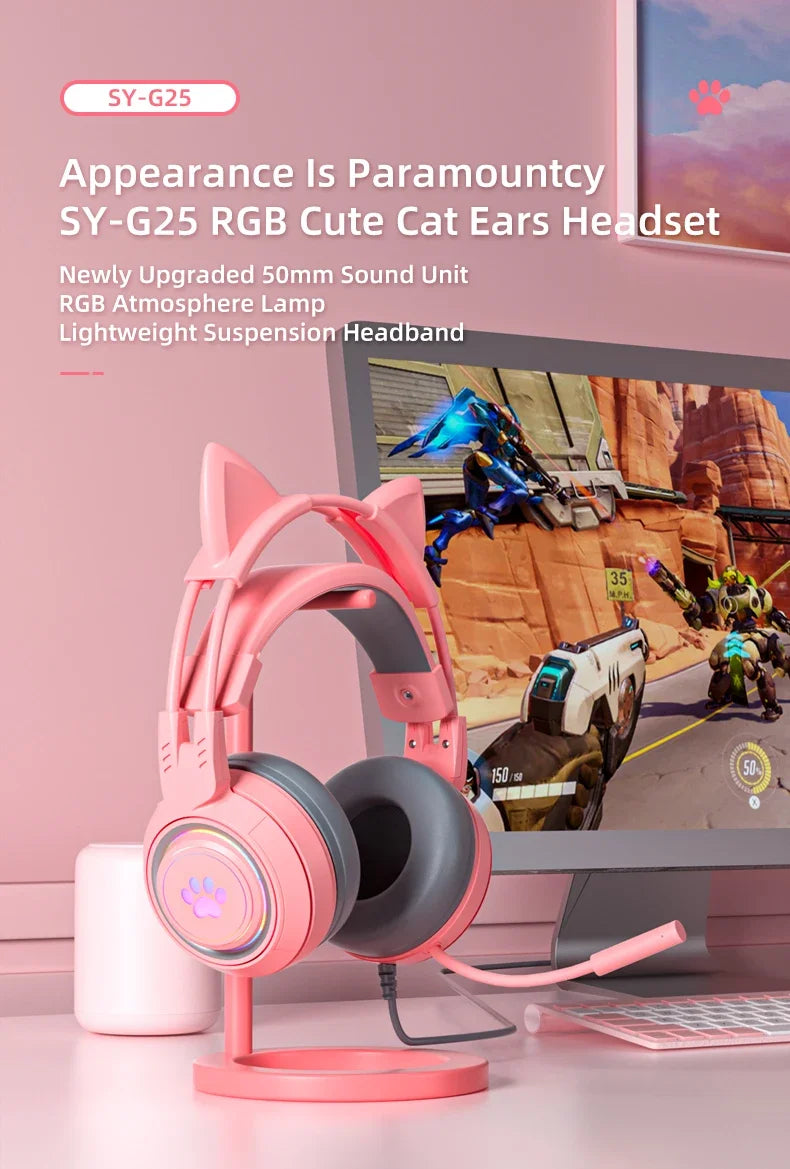 Cat Ears Headphones with Microphone For PS5 HiFi Stereo Bass Headset Gamer Girls RGB Black Pink Helmet for PC Laptop Phone Xbox