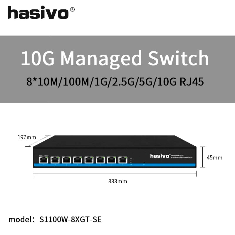 Hasivo All 10 Gigabit PoE or Without PoE Ethernet Switch 8*10gbps RJ45 Port Network Plug and Play 10gbe 10gb 10000mbps