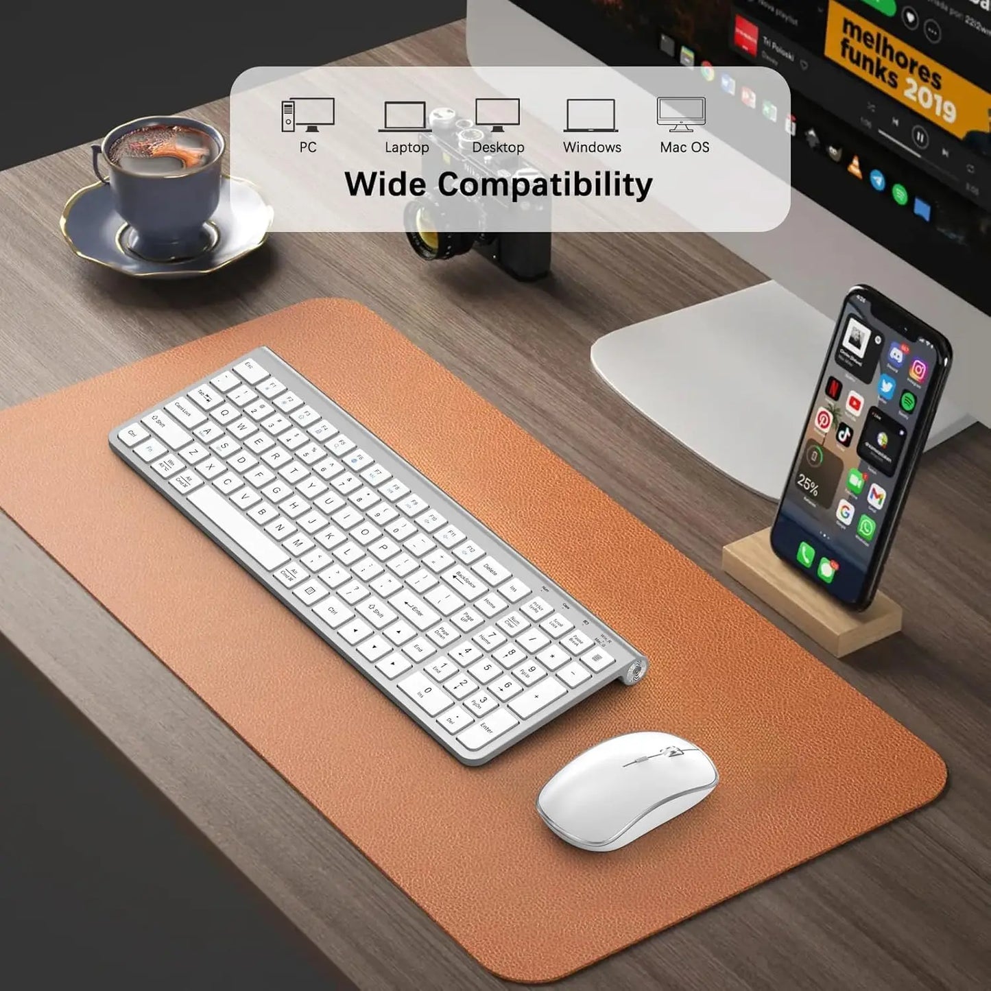 Ergonomic wireless keyboard and mouse, AZERTY, France, quiet and portable, including USB-A and USB-C ports, suitable for Mac/PC/
