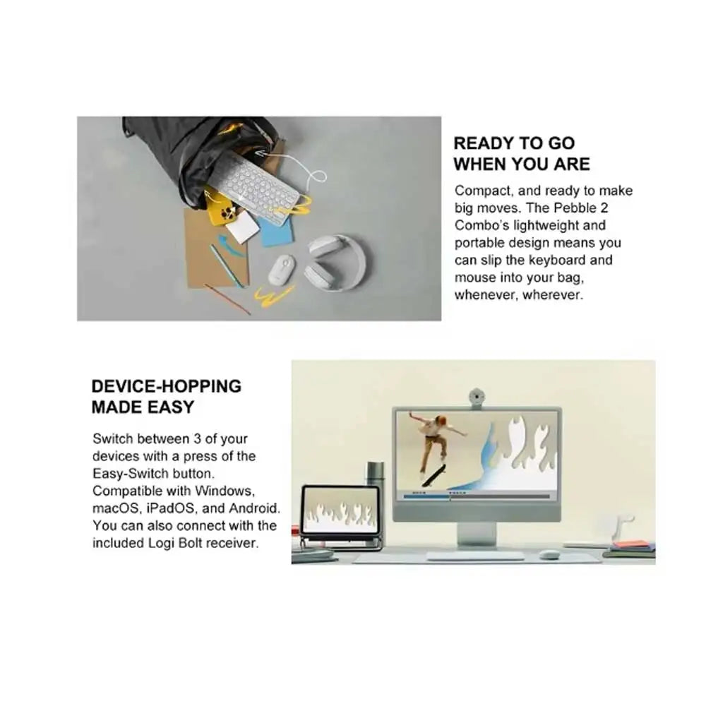 Logitech PEBBLE 2 COMBO Wireless Keyboard Mouse Combos Set Home Office Quiet Mouse Keyboard For Windows Pad Android IOS