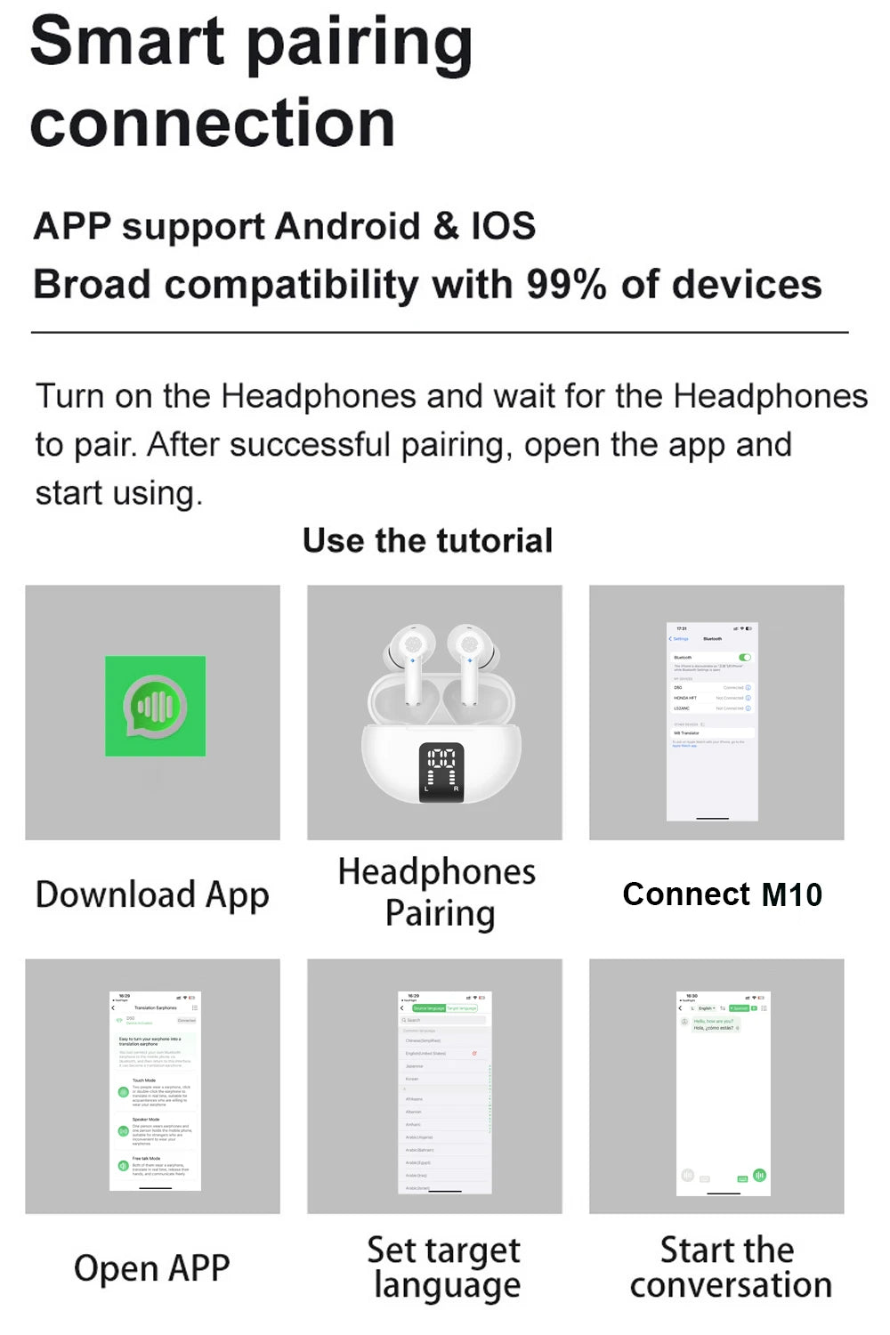 M10 Translation earphones 144 Languages Instant Translated Smart Voice Translator Wireless Bluetooth Travel Translator headset