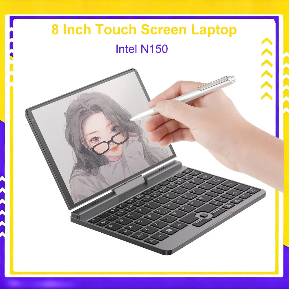 Touch Screen Laptop 8 Inch Mini Notebook Intel N150 Quad Core LPDDR5 12GB 1TB 4800MHz Windows11Pro AX WiFi6 BT5.2 RJ45 LAN