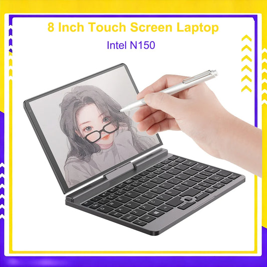 Touch Screen Laptop 8 Inch Mini Notebook Intel N150 Quad Core LPDDR5 12GB 1TB 4800MHz Windows11Pro AX WiFi6 BT5.2 RJ45 LAN
