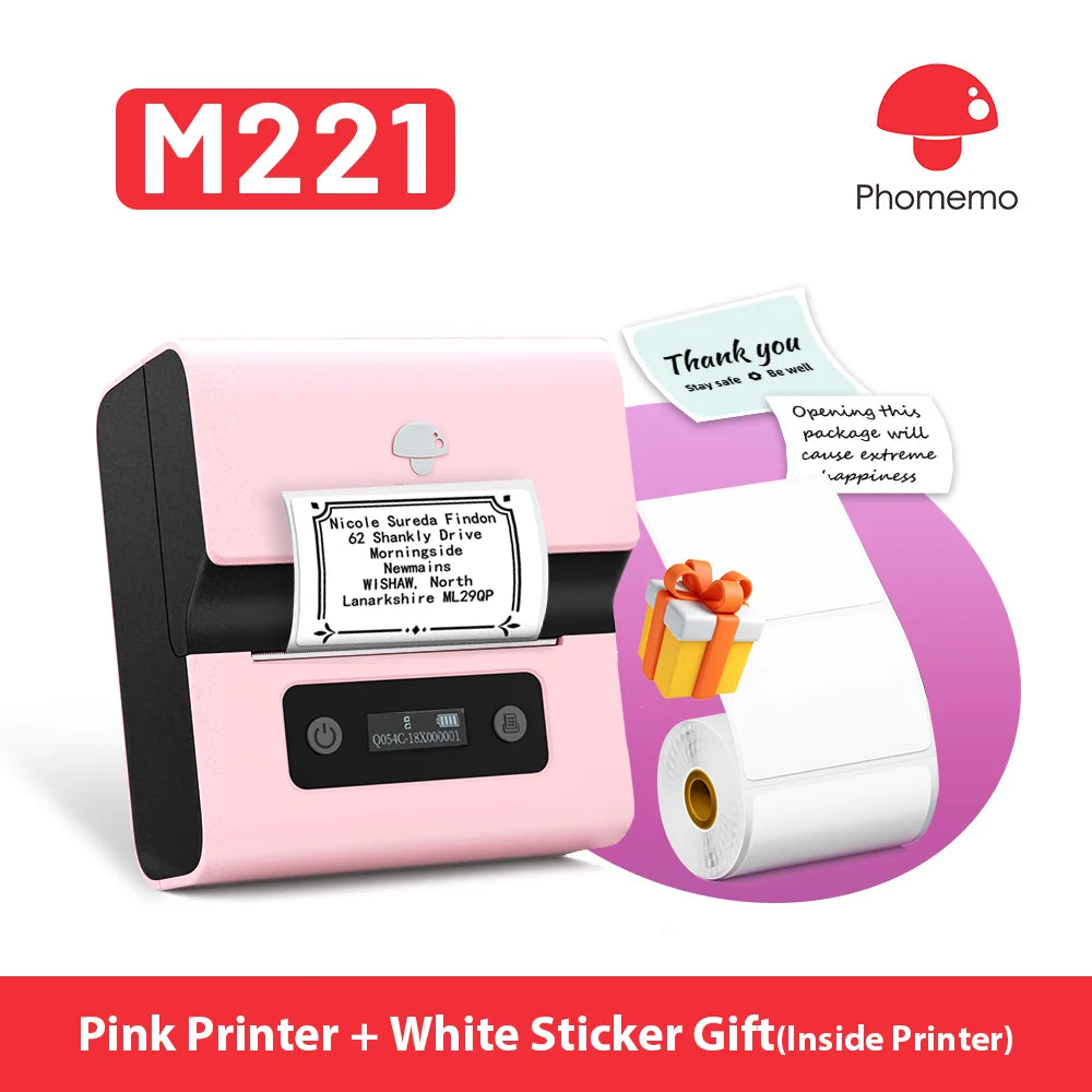 Phomemo M221 Label Printer Portable Thermal Maker Bluetooth Handheld Barcode QR Code Sticker Paper Rolls Labeller White 75mm Tag