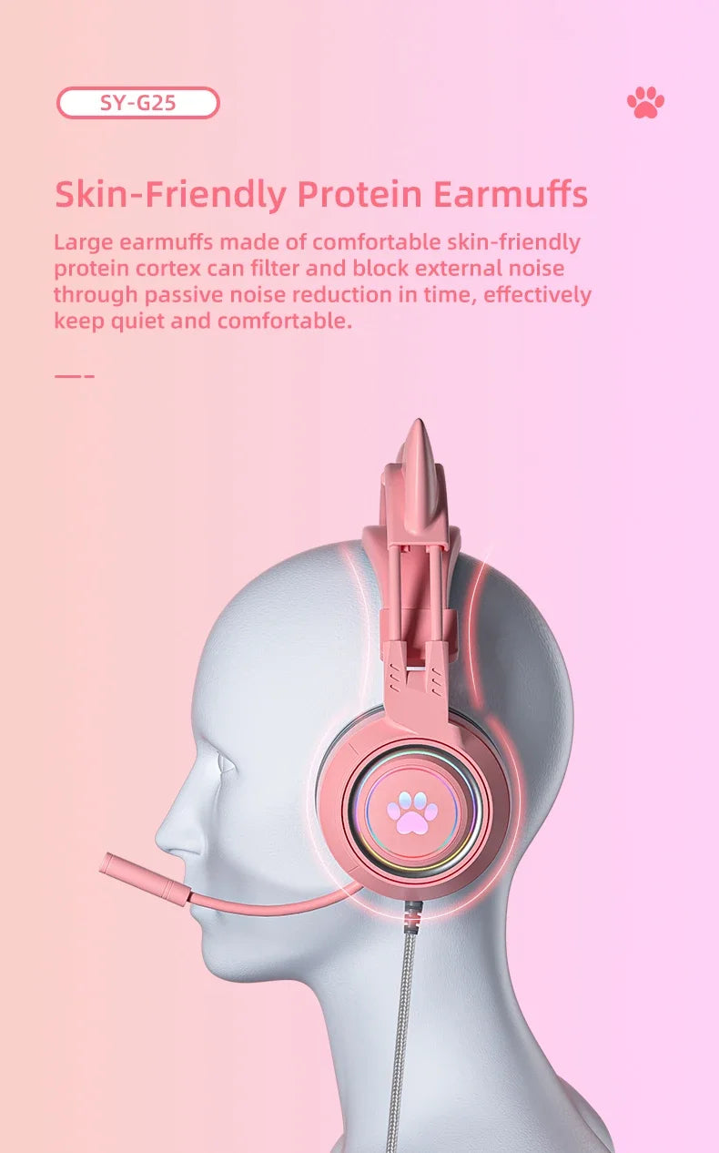 Cat Ears Headphones with Microphone For PS5 HiFi Stereo Bass Headset Gamer Girls RGB Black Pink Helmet for PC Laptop Phone Xbox