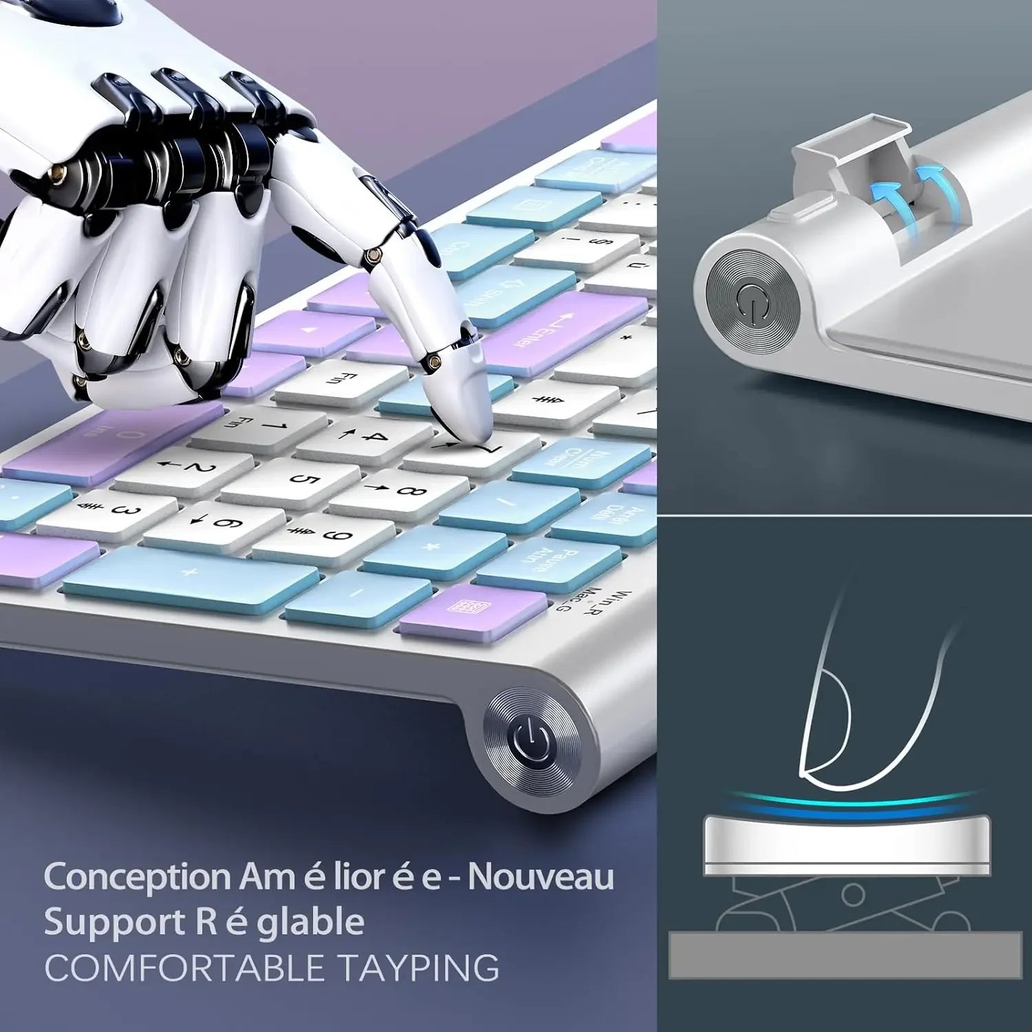 Ergonomic wireless keyboard and mouse, AZERTY, France, quiet and portable, including USB-A and USB-C ports, suitable for Mac/PC/