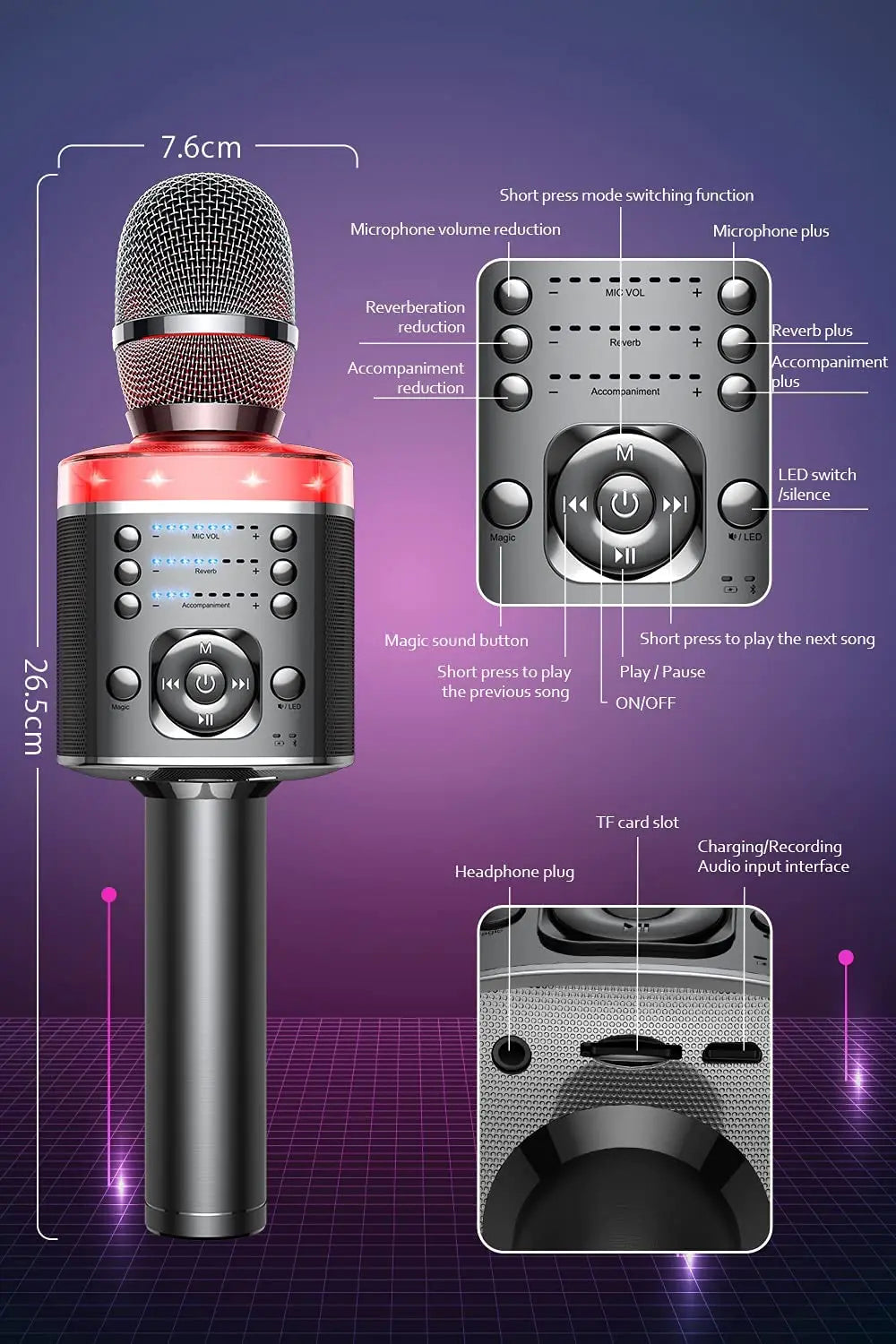 Karaoke Microphone Bluetooth Wireless Mic with Magic Sound LED Light Portable Singing Machine for Home KTV Party Adult/Kid Gift