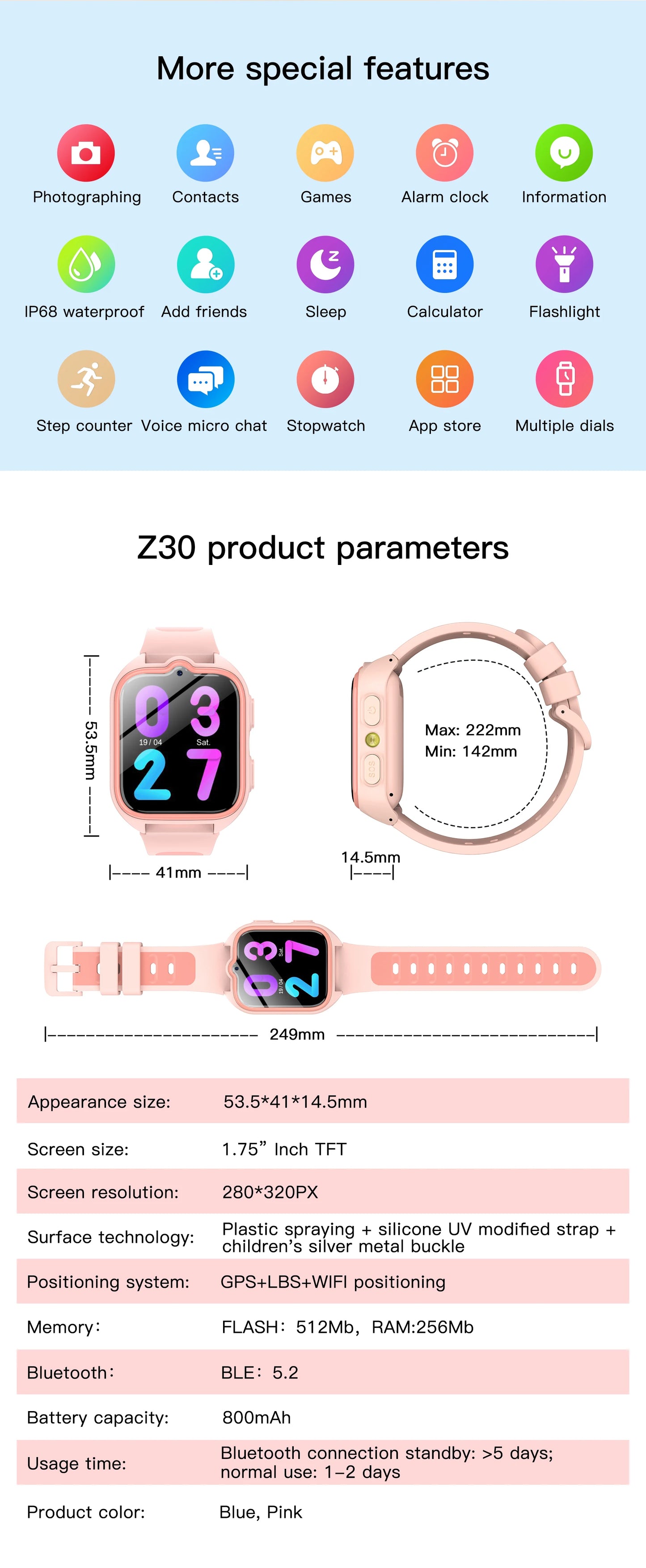 New Blackview Z30 Kids Smart Watch 4G Call Phone Watch, Waterproof Children Monitor Tracker, SOS Child Sports Digital Watches