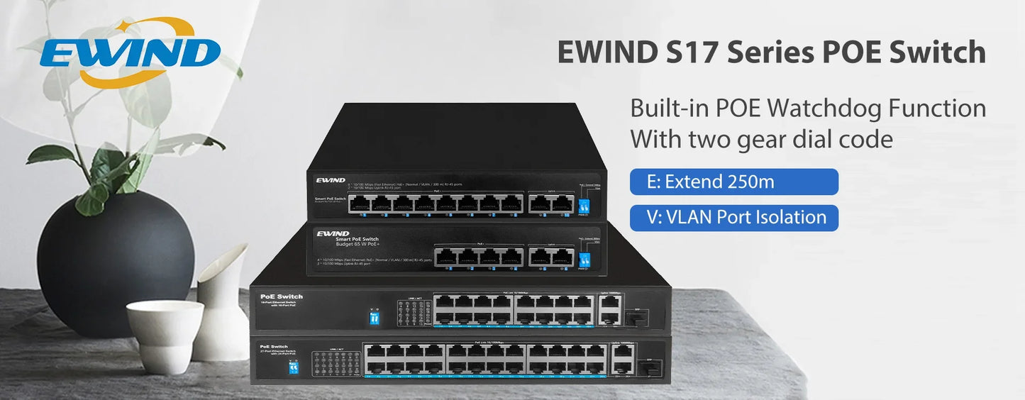 EWIND Gigabit POE Switch 16/48 Ports 10/100/1000Mbps Full Gigabit Ethernet Switch Unmanagement AI Smart Switch outdoor home NVR