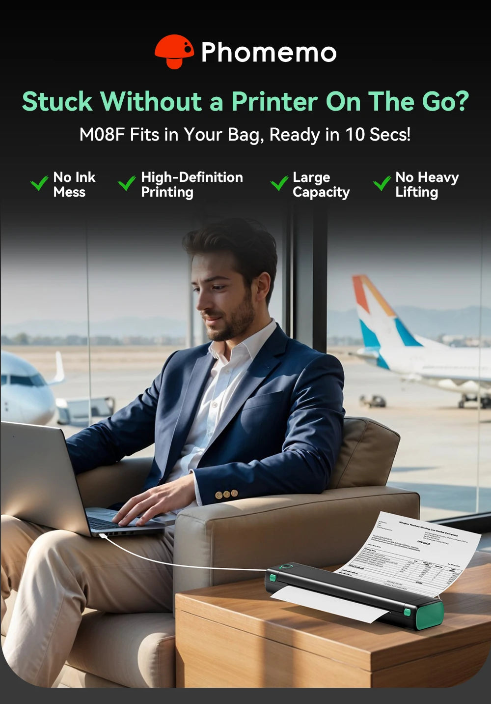 Phomemo M08F Wireless Thermal A4 Printer Bluetooth, Portable Label Maker for Home Office Shipping, Compatible iOS Android PC