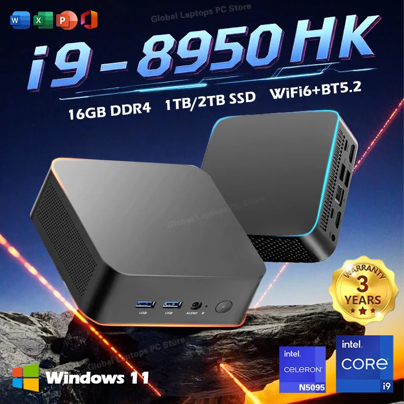 Mini PC Intel Core i9 8950HK Windows 11 Gaming Computer Small Pocket UHD Graphics WiFi6 16GB DDR4 1TB SSD 1000Mbps Dual Desktop