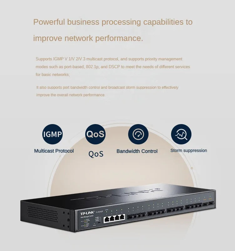 Switch de gestión de red web TP-LINK Full Gigabit TL-SG2422F: 18 puertos SFP Gigabit, 4 puertos RJ45 10/100/1000Base-T, VLAN QoS