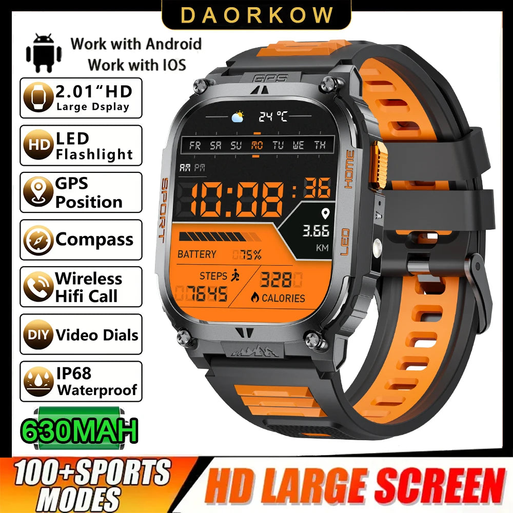 New GPS Tracking Smart Watch LED Flashlight 2.01inch HD Screen Compass BT Call Waterproof Sport Smartwatch For Android iOS